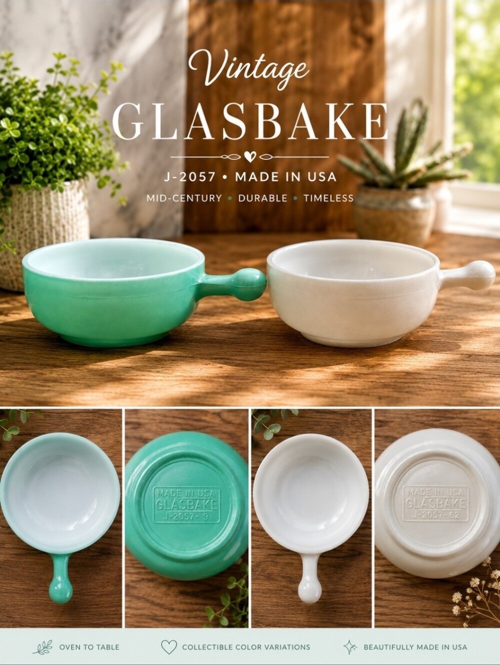 Vintage Glasbake J-2057 Green Gray Lug Handle Bowls MCM Set of 2
